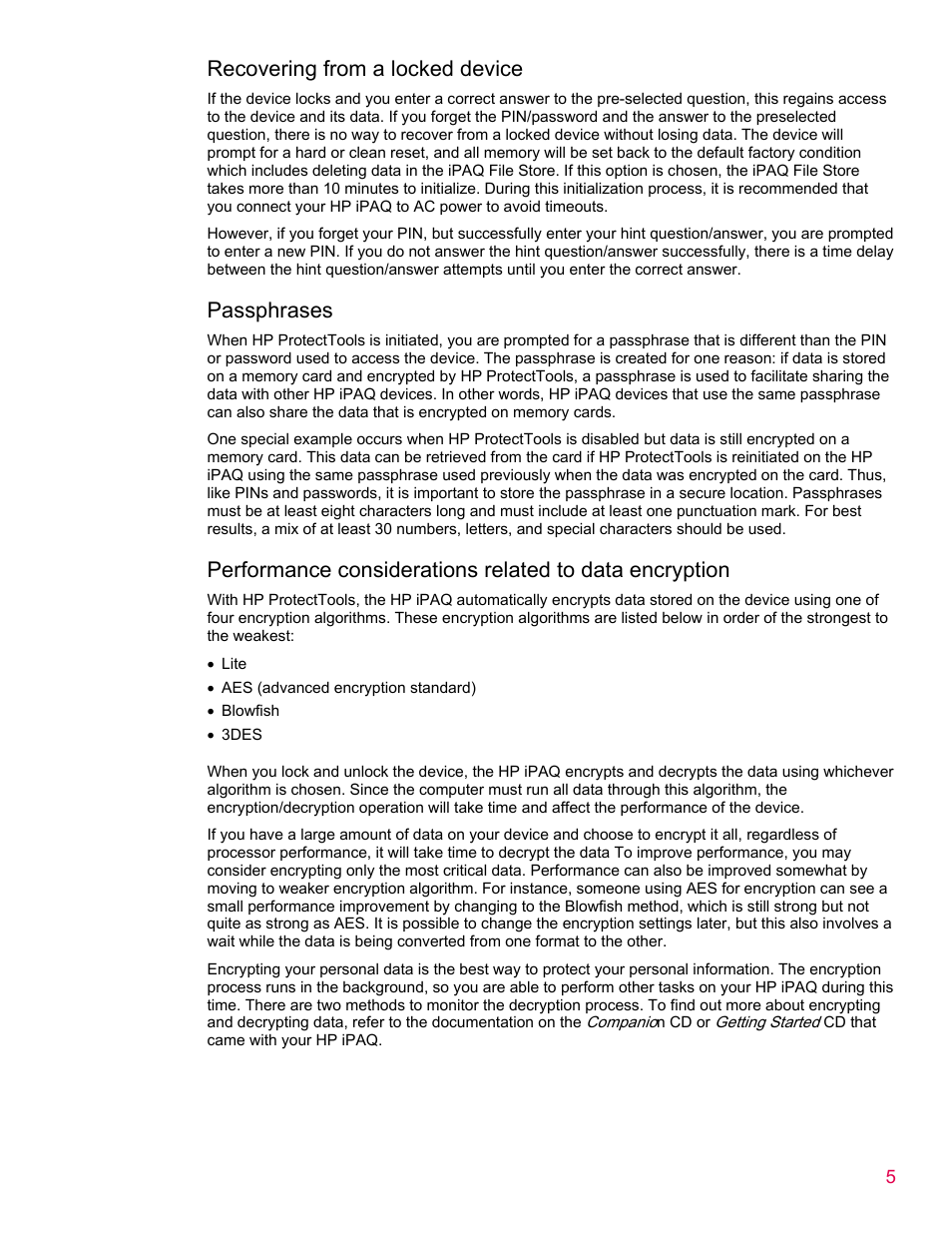 Recovering from a locked device, Passphrases | HP iPAQ rx5900 Travel Companion User Manual | Page 5 / 10