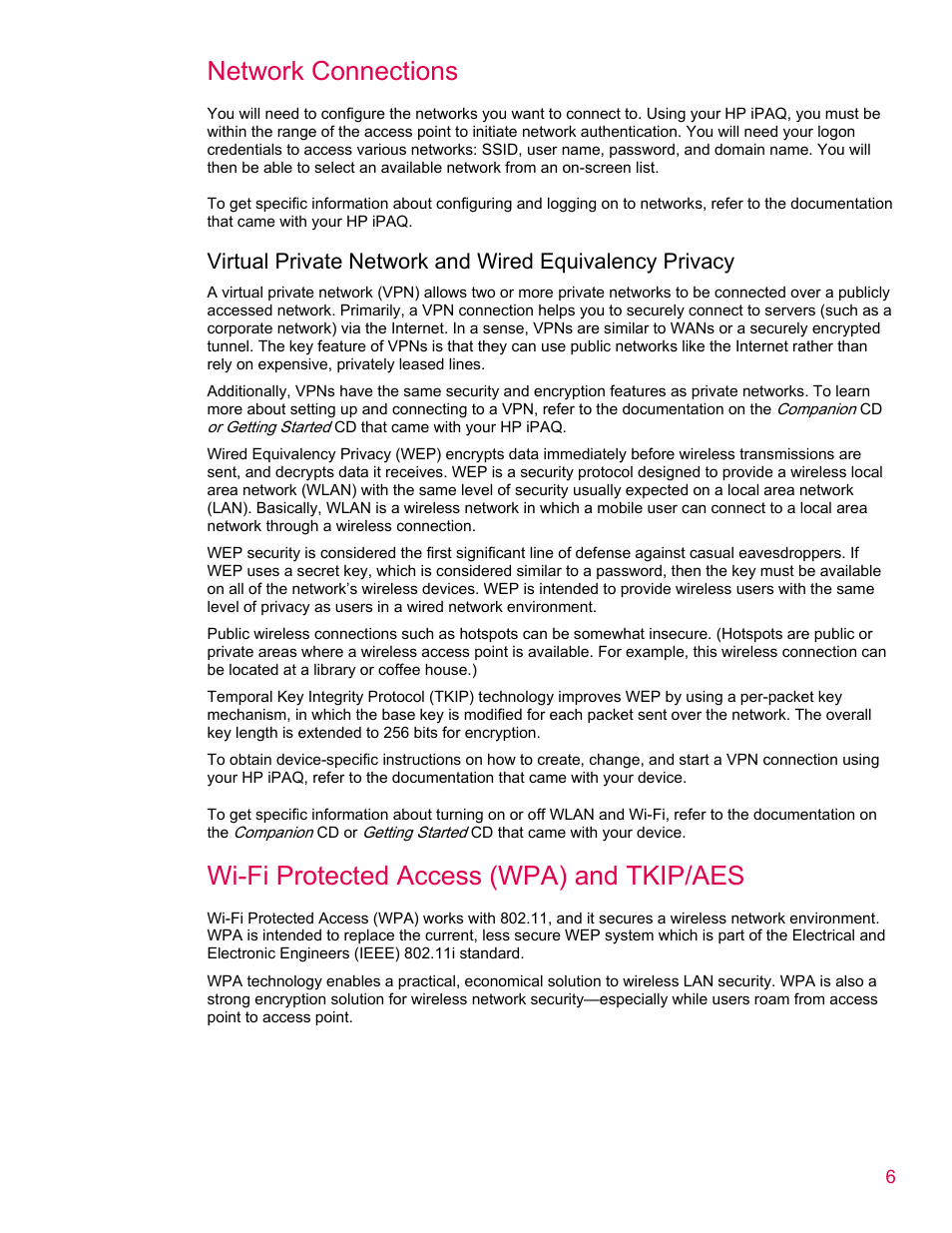 Network connections, Wi-fi protected access (wpa) and tkip/aes | HP iPAQ rx5900 Travel Companion User Manual | Page 6 / 10