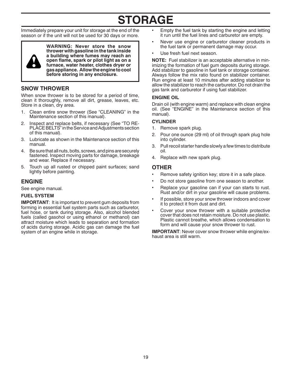 Storage | Poulan Pro PP414EPS30 SNOW THROWER User Manual | Page 19 / 44