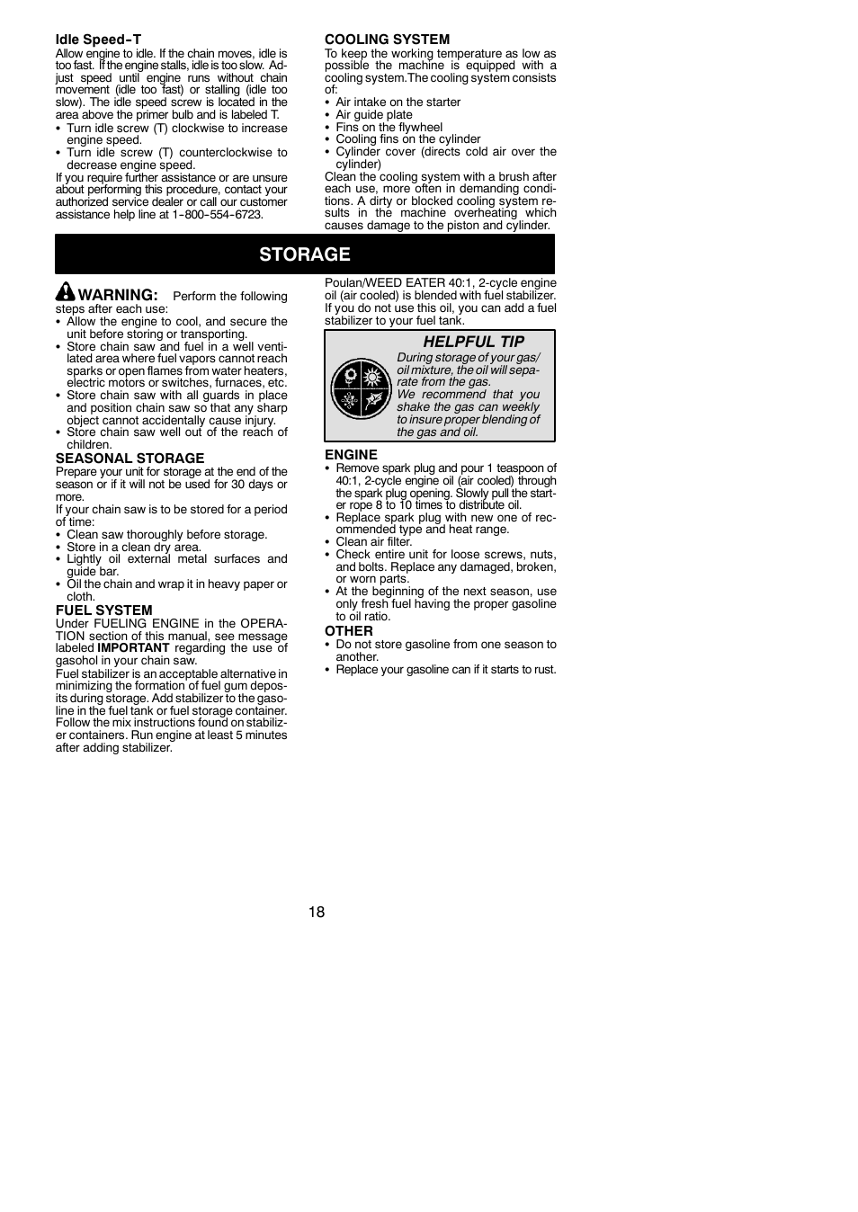 Storage, Warning, Helpful tip | Poulan Pro PP4218AVX User Manual | Page 18 / 21