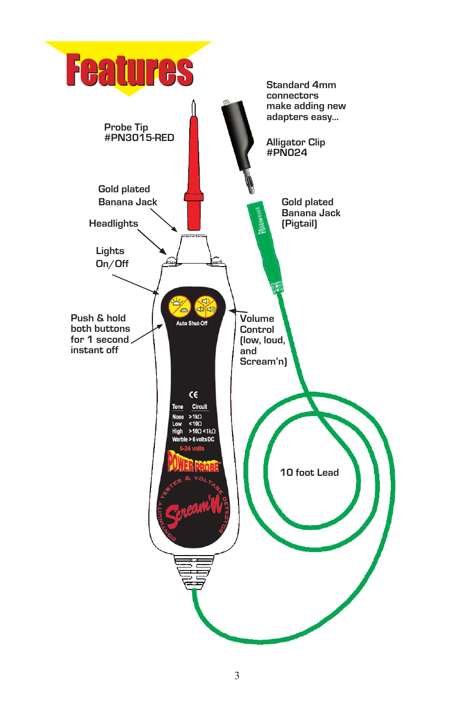 Screaming_eng_span_3.eps, Features | Power Probe PPCT - Continuity Tester User Manual | Page 3 / 20
