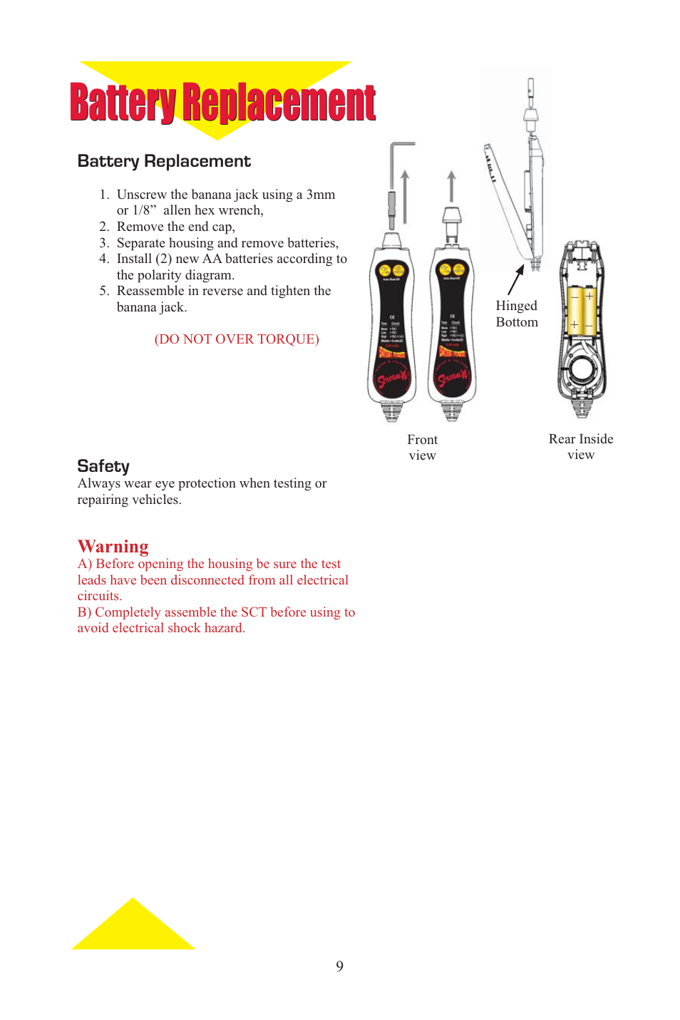 Screaming_eng_span_9.eps, Battery replacement, Safety | Warning | Power Probe PPCT - Continuity Tester User Manual | Page 9 / 20