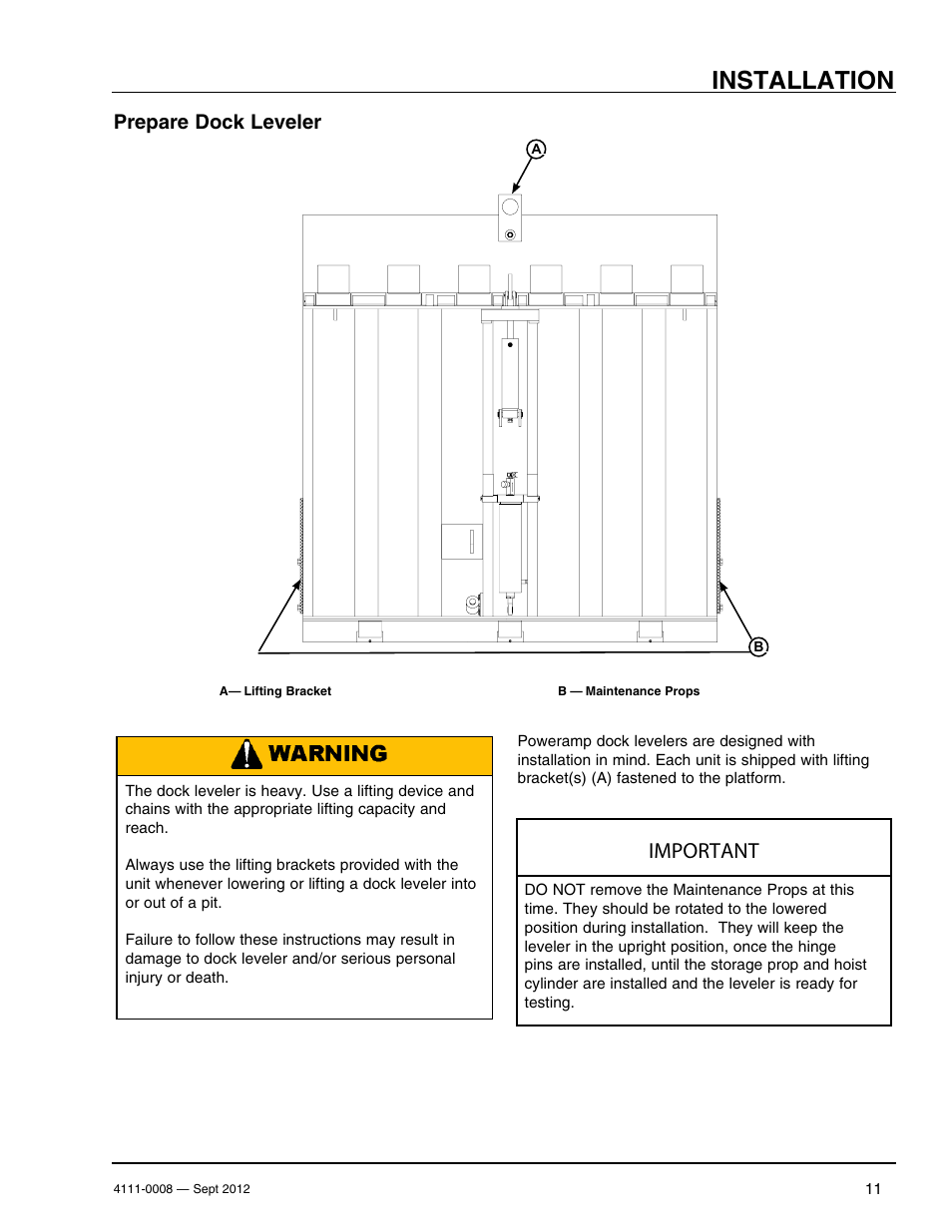 Installation, Important, Prepare dock leveler | Poweramp VS SERIES HYDRAULIC User Manual | Page 13 / 60