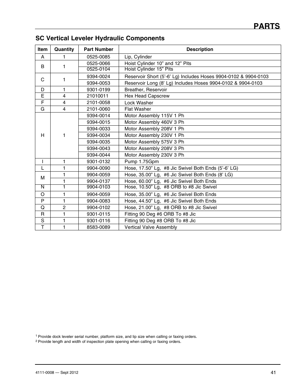 Parts, Sc vertical leveler hydraulic components | Poweramp VS SERIES HYDRAULIC User Manual | Page 43 / 60