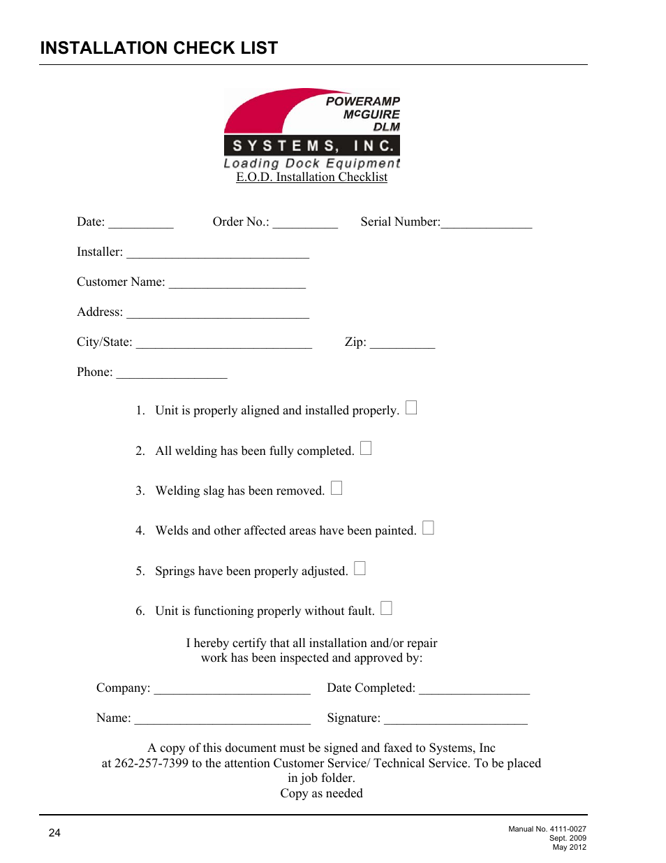 Installation check list | Poweramp HED SERIES HYDRAULIC User Manual | Page 26 / 48