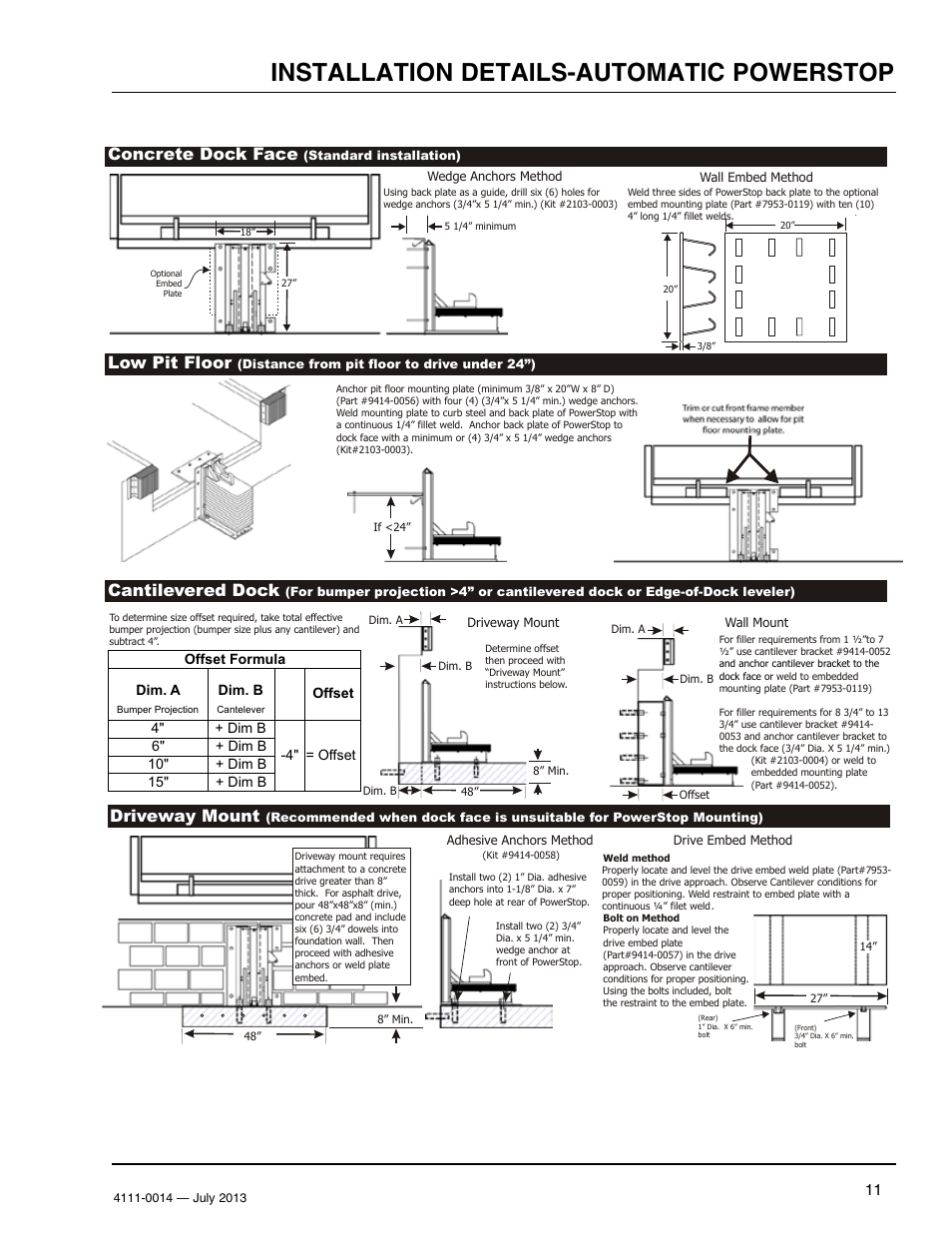 Automatic powerstop installation overview, Installation details-automatic powerstop, Concrete dock face | Low pit floor, Driveway mount, Cantilevered dock | Poweramp POWERSTOP SERIES User Manual | Page 13 / 36