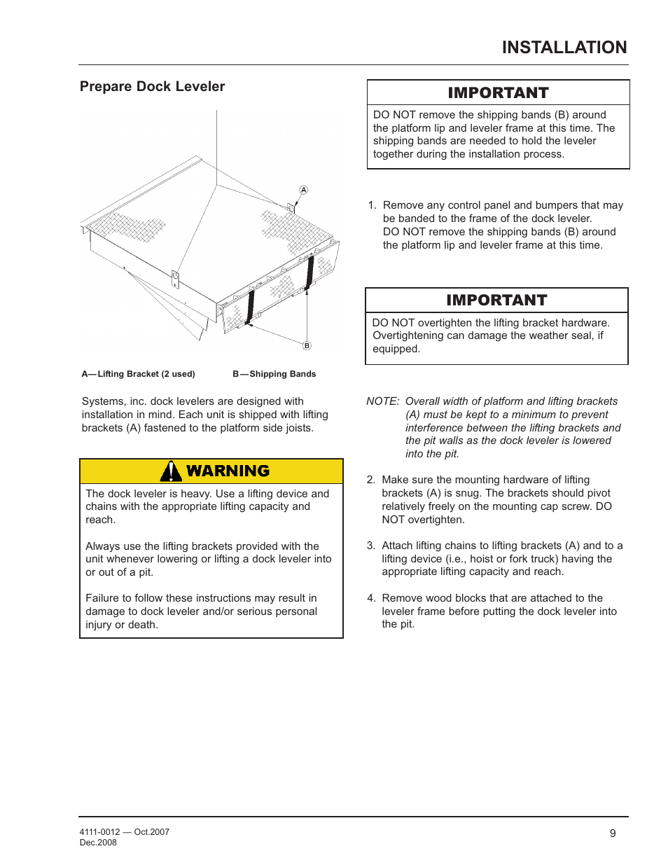 Installation, Important, Prepare dock leveler | Poweramp LHP SERIES HYDRAULIC 4.2009 User Manual | Page 11 / 36