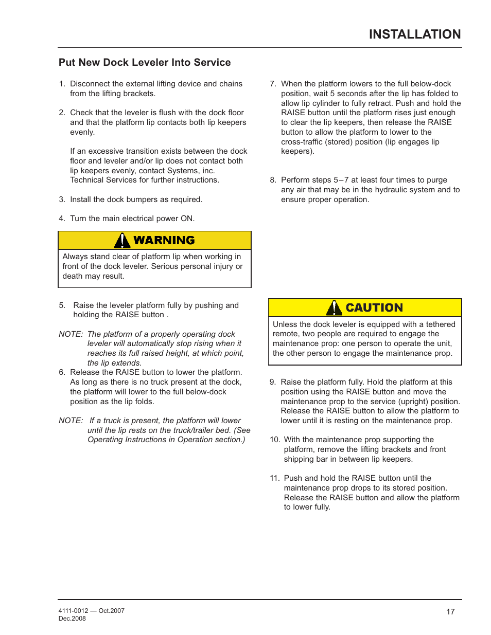 Installation, Put new dock leveler into service | Poweramp LHP SERIES HYDRAULIC 4.2009 User Manual | Page 19 / 36