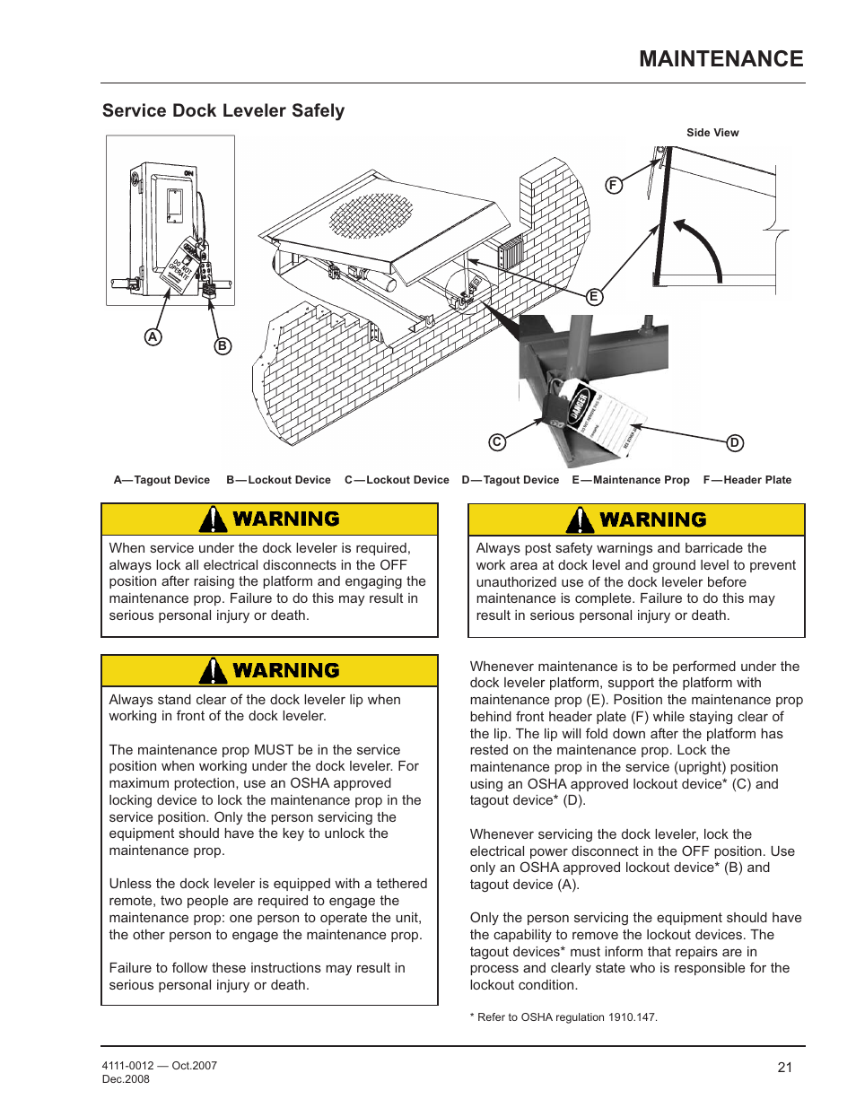 Maintenance, Service dock leveler safely | Poweramp LHP SERIES HYDRAULIC 4.2009 User Manual | Page 23 / 36