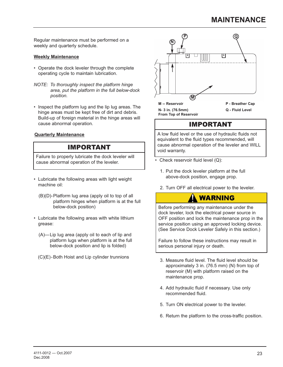 Maintenance, Important | Poweramp LHP SERIES HYDRAULIC 4.2009 User Manual | Page 25 / 36