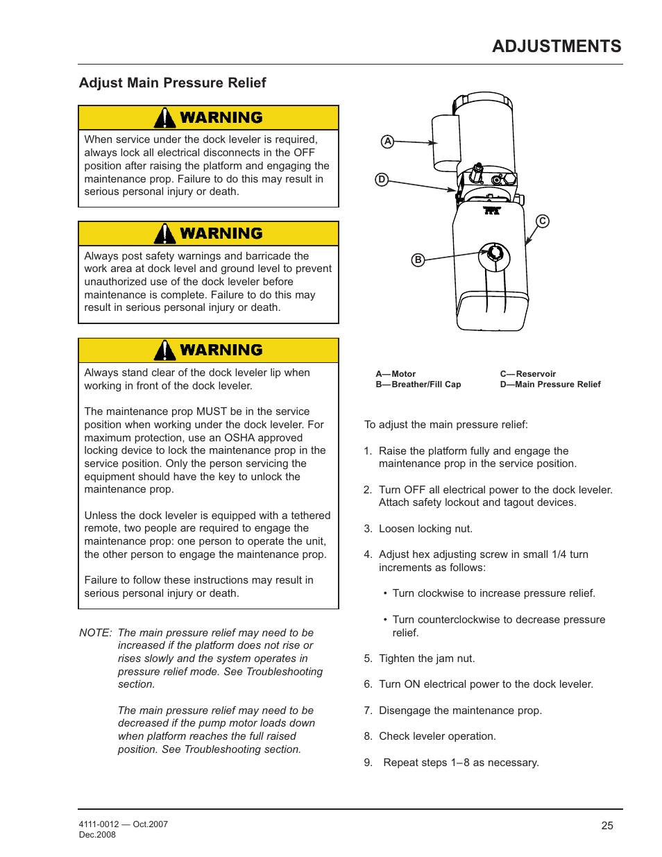 Adjustments, Adjust main pressure relief | Poweramp LHP SERIES HYDRAULIC 4.2009 User Manual | Page 27 / 36