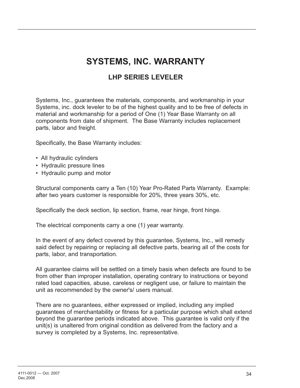 Systems, inc. warranty | Poweramp LHP SERIES HYDRAULIC 4.2009 User Manual | Page 36 / 36