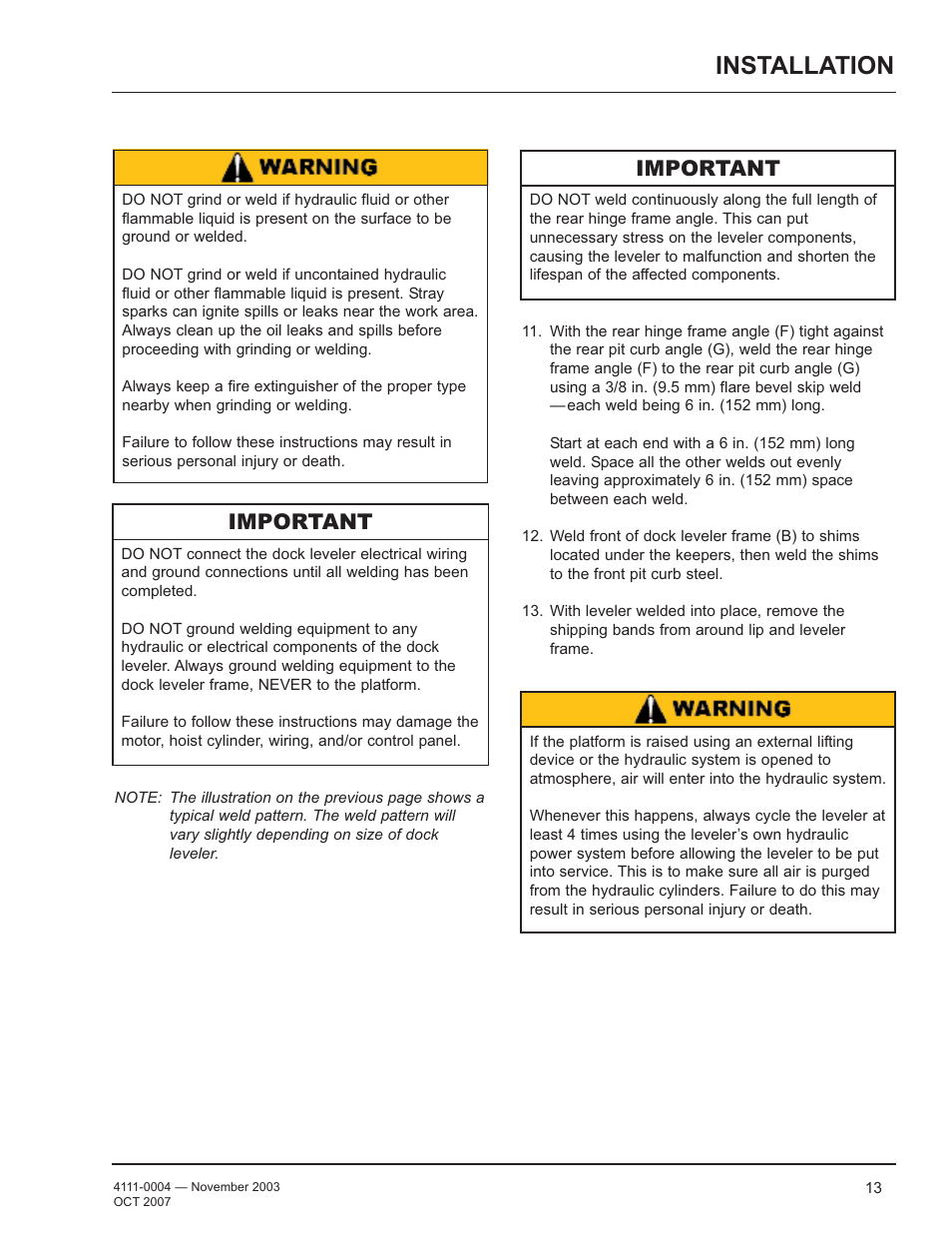 Installation, Important | Poweramp EH SERIES HYDRAULIC 4.2009 User Manual | Page 15 / 48