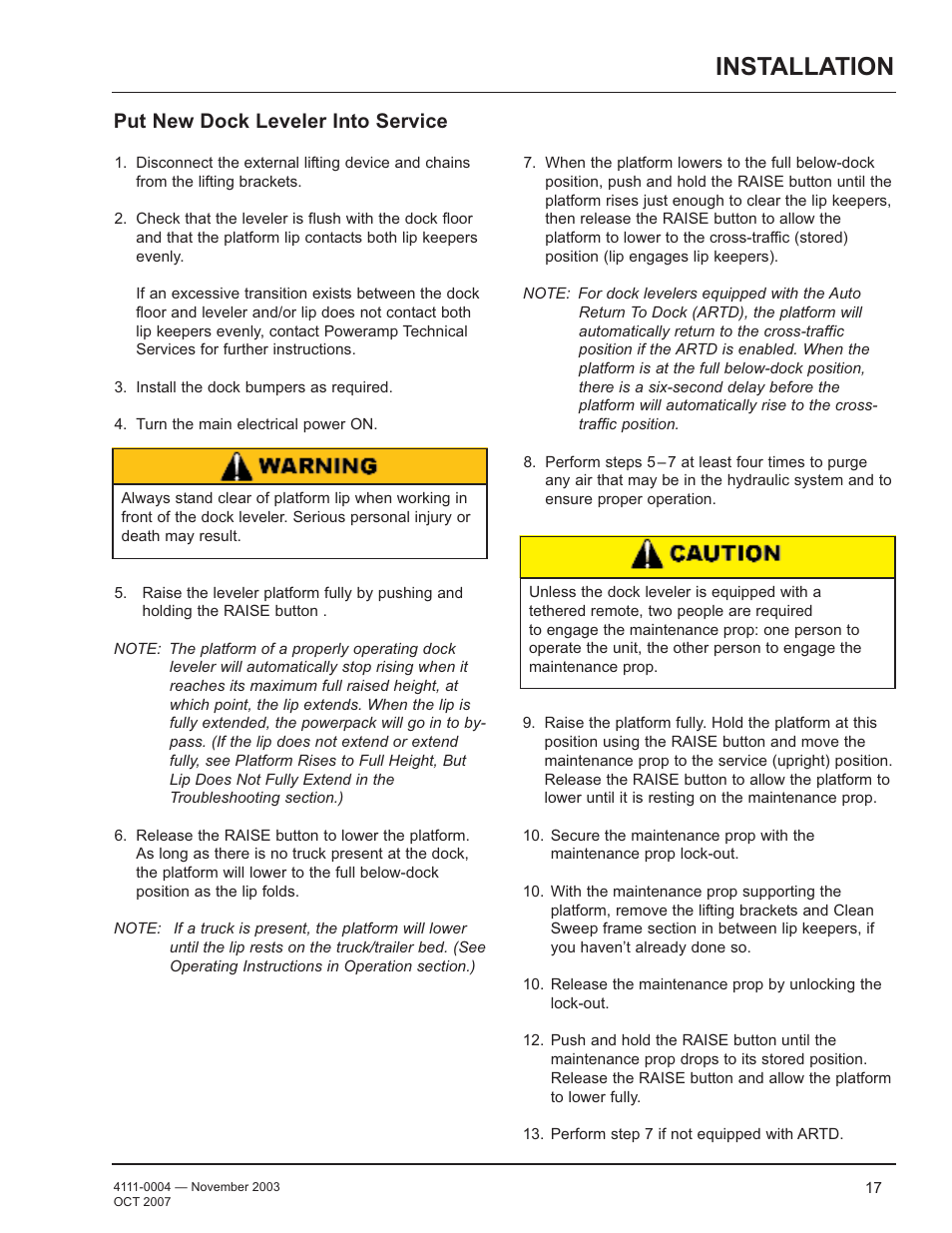 Installation, Put new dock leveler into service | Poweramp EH SERIES HYDRAULIC 4.2009 User Manual | Page 19 / 48