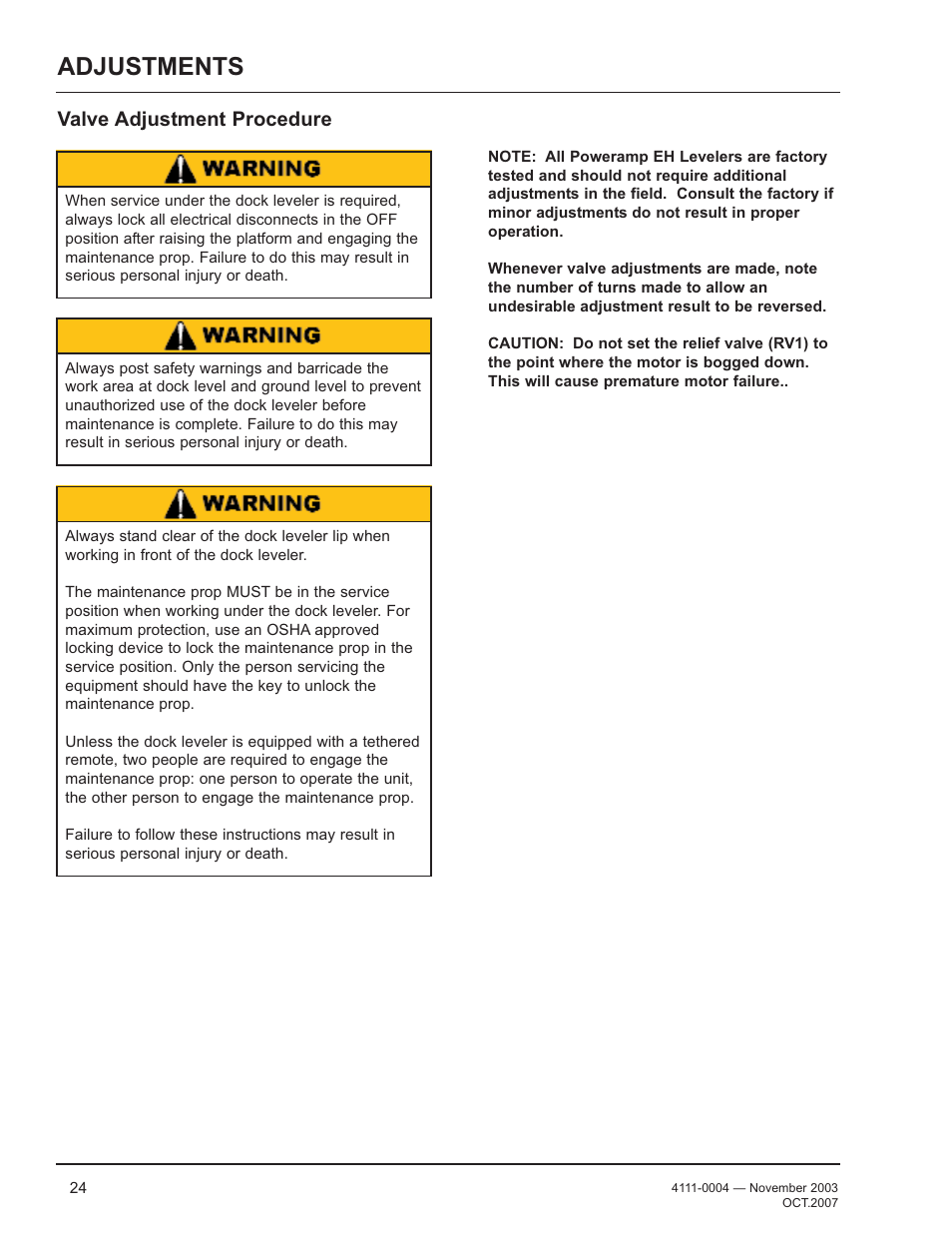 Adjustments, Valve adjustment procedure | Poweramp EH SERIES HYDRAULIC 4.2009 User Manual | Page 26 / 48