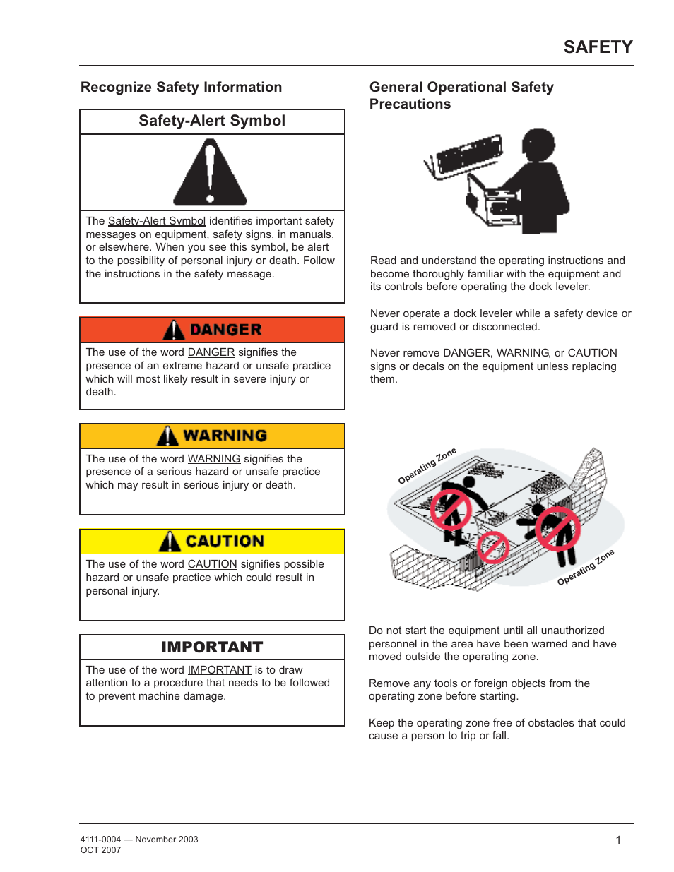 Safety, Safety-alert symbol, Important | Recognize safety information, General operational safety precautions | Poweramp EH SERIES HYDRAULIC 4.2009 User Manual | Page 3 / 48