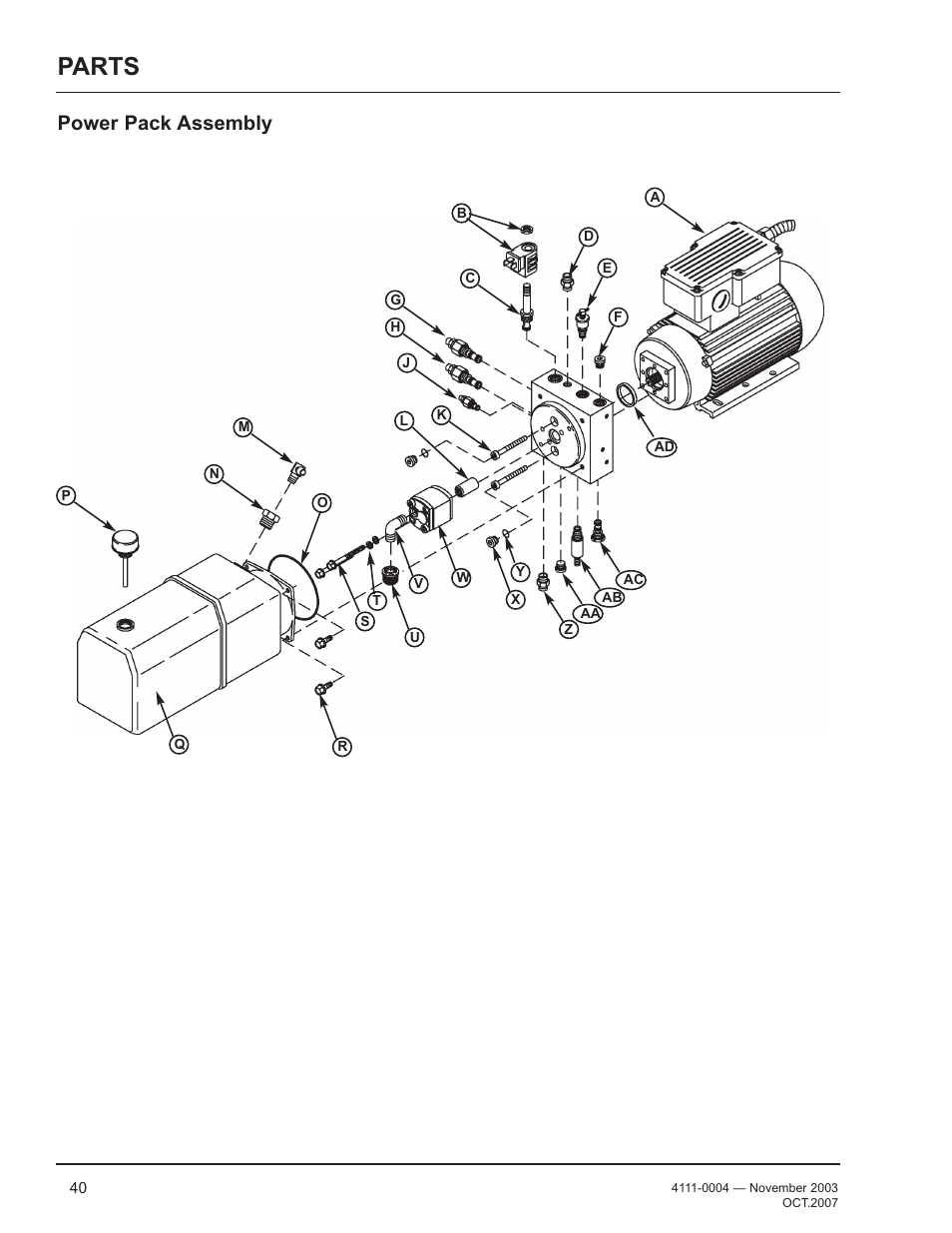 Parts, Power pack assembly | Poweramp EH SERIES HYDRAULIC 4.2009 User Manual | Page 42 / 48