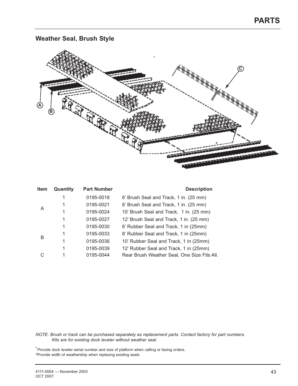 Parts, Weather seal, brush style | Poweramp EH SERIES HYDRAULIC 4.2009 User Manual | Page 45 / 48