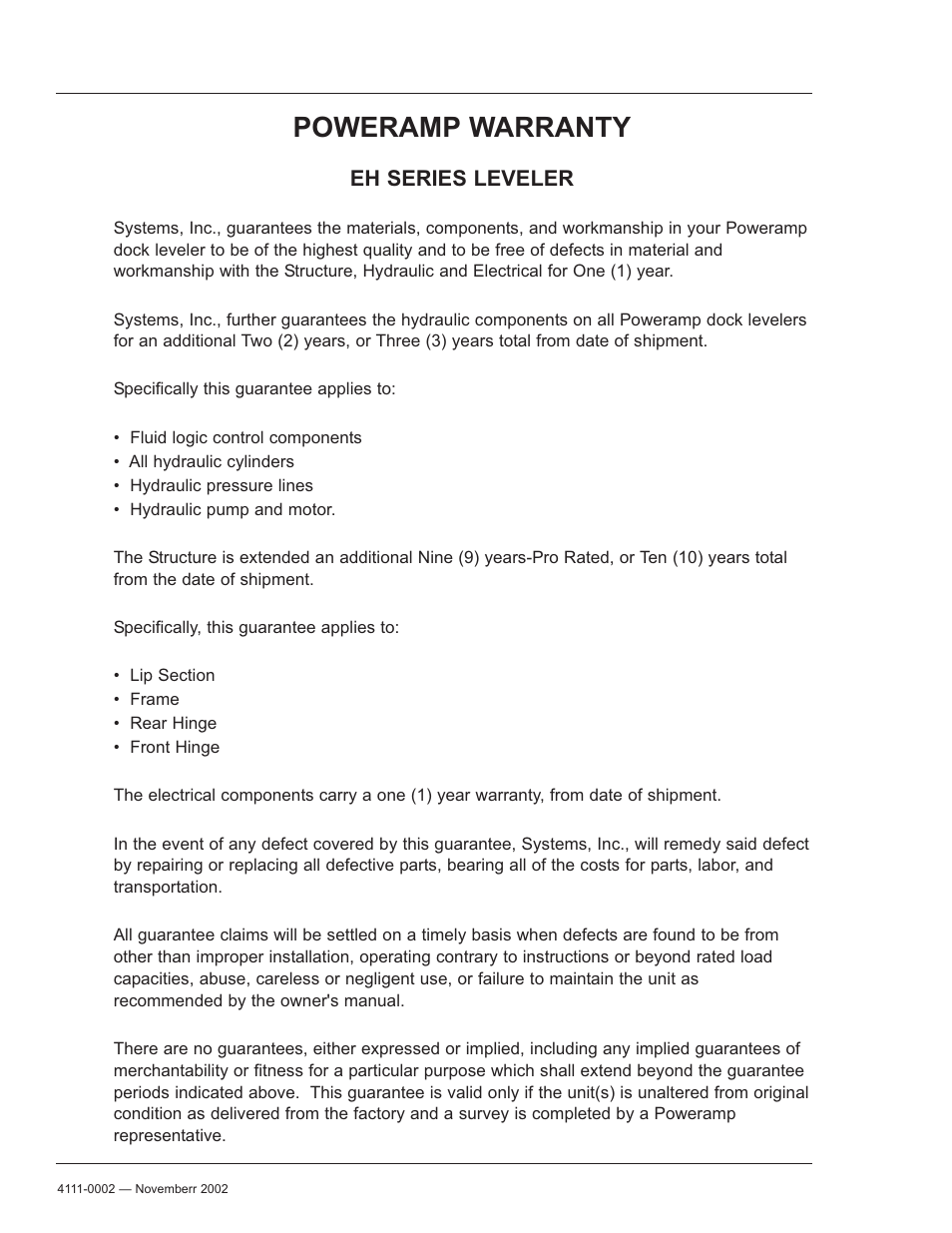 Poweramp warranty, Eh series leveler | Poweramp EH SERIES HYDRAULIC 4.2009 User Manual | Page 48 / 48