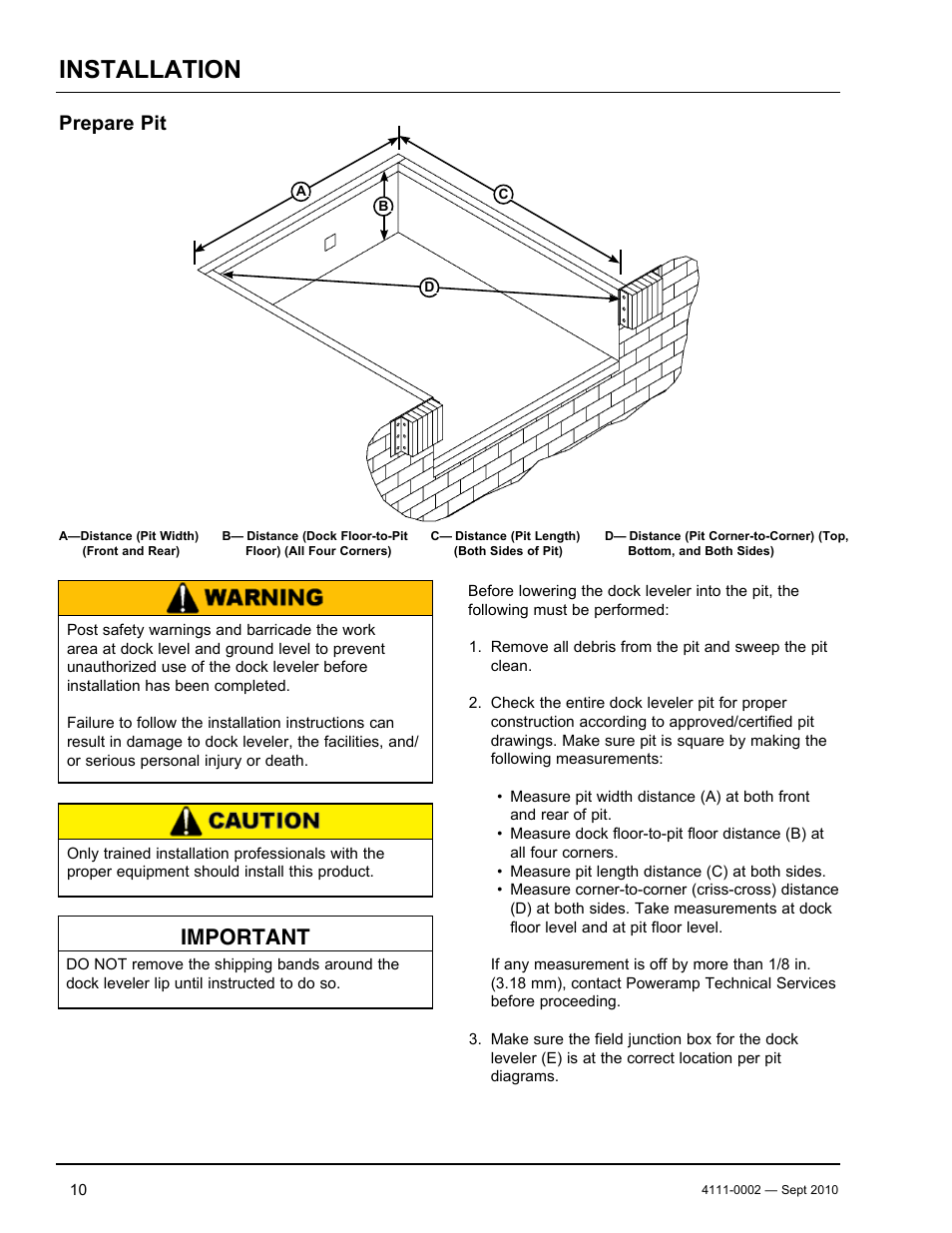 Installation, Important, Prepare pit | Poweramp VH SERIES HYDRAULIC 10.2011 User Manual | Page 12 / 52