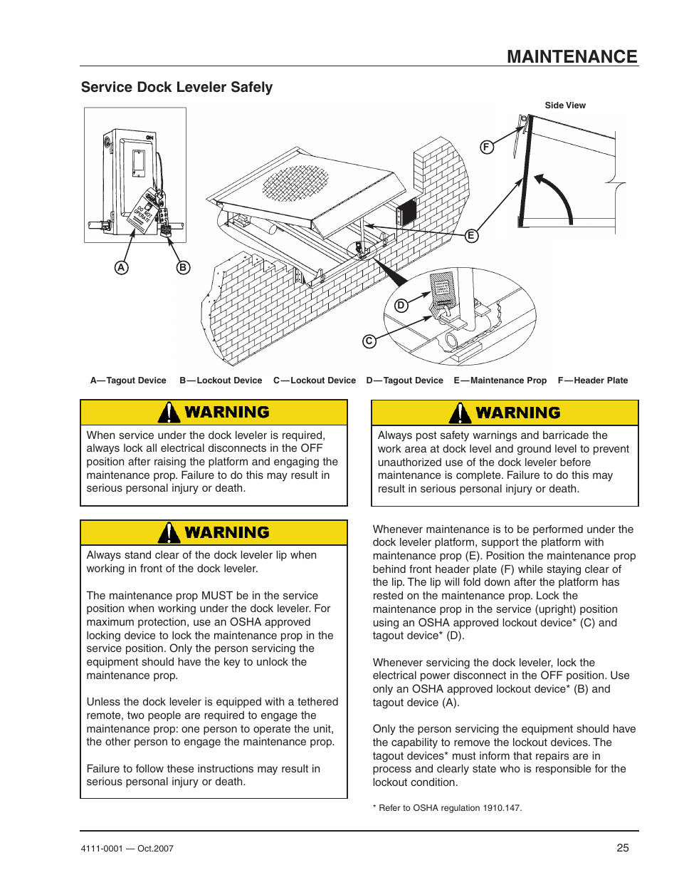 Maintenance, Service dock leveler safely | Poweramp PR SERIES HYDRAULIC 4.2009 User Manual | Page 27 / 56