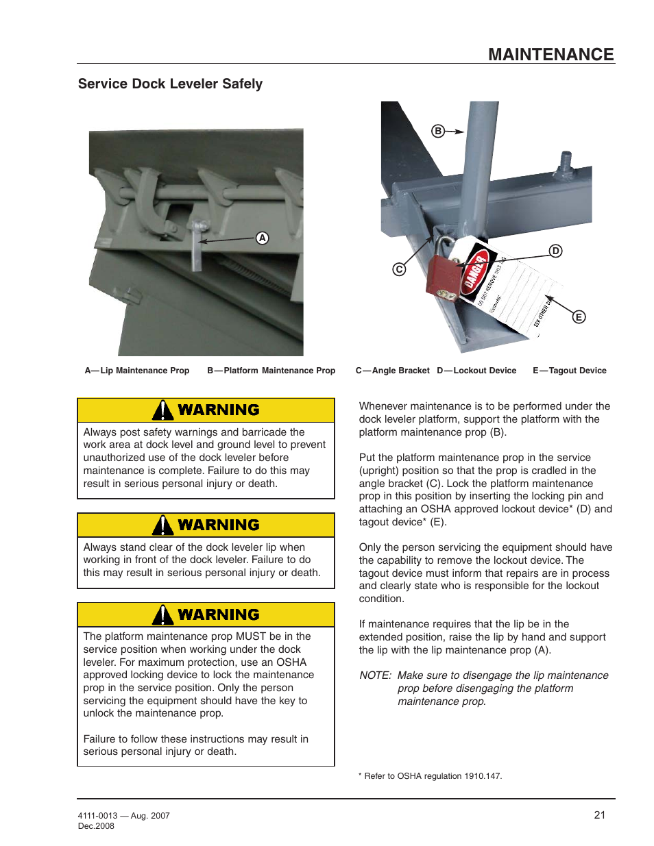 Maintenance, Service dock leveler safely | Poweramp LMP SERIES MECHANICAL 4.2009 User Manual | Page 23 / 40