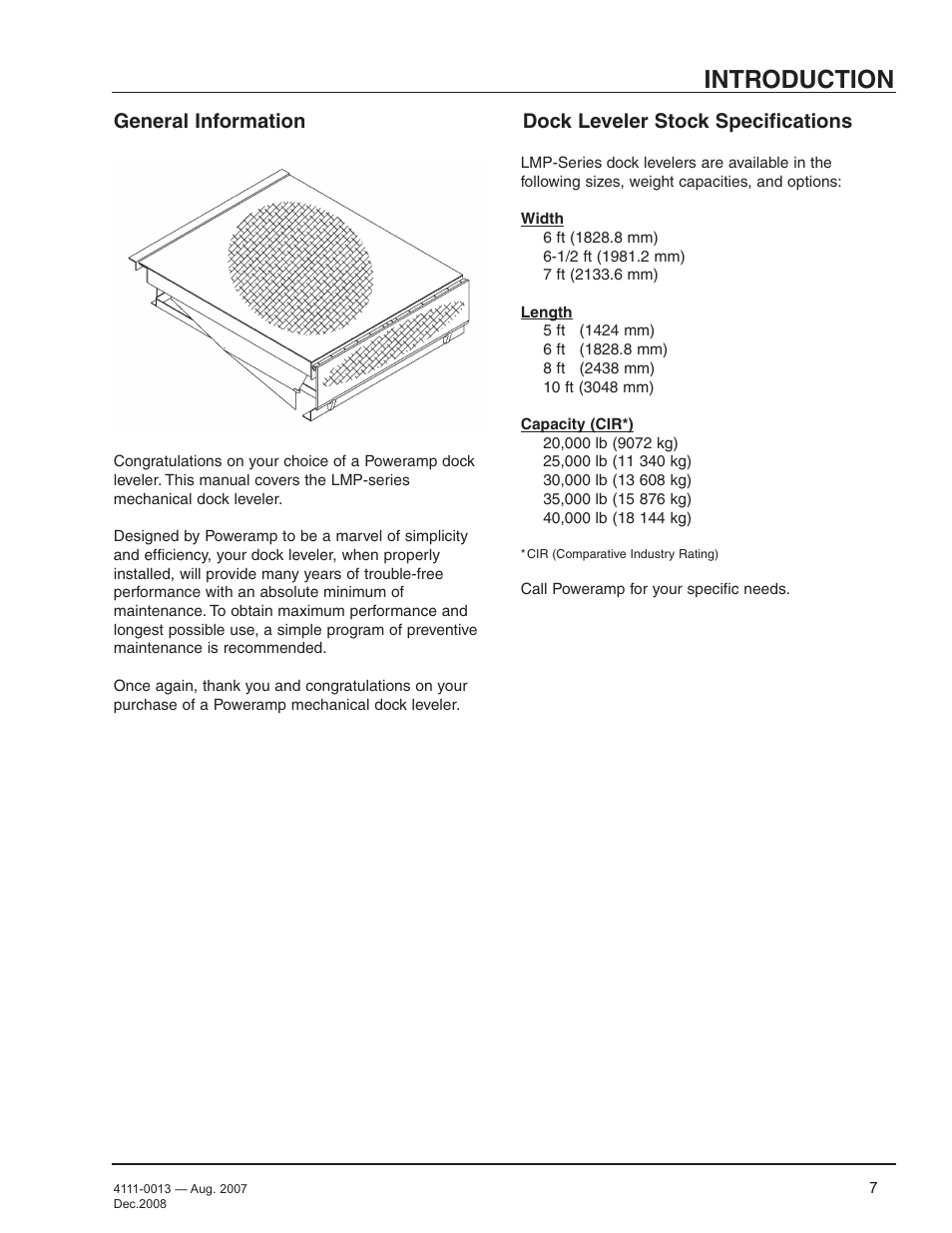Introduction, General information, Dock leveler stock specifications | Poweramp LMP SERIES MECHANICAL 4.2009 User Manual | Page 9 / 40