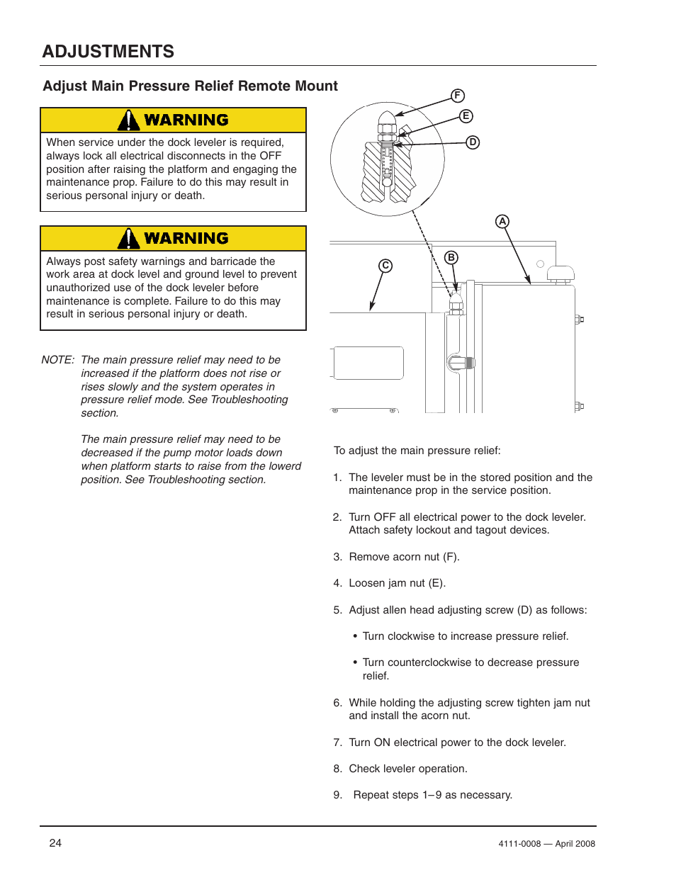 Adjustments, Adjust main pressure relief remote mount | Poweramp VS VERTICAL SPECIALTY 4.2009 User Manual | Page 26 / 52