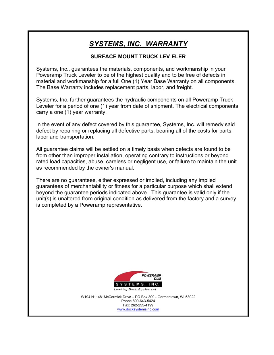 Systems, inc. warranty | Poweramp SURFACE MOUNTED TRUCK 8_95 SPECIALTY User Manual | Page 8 / 8