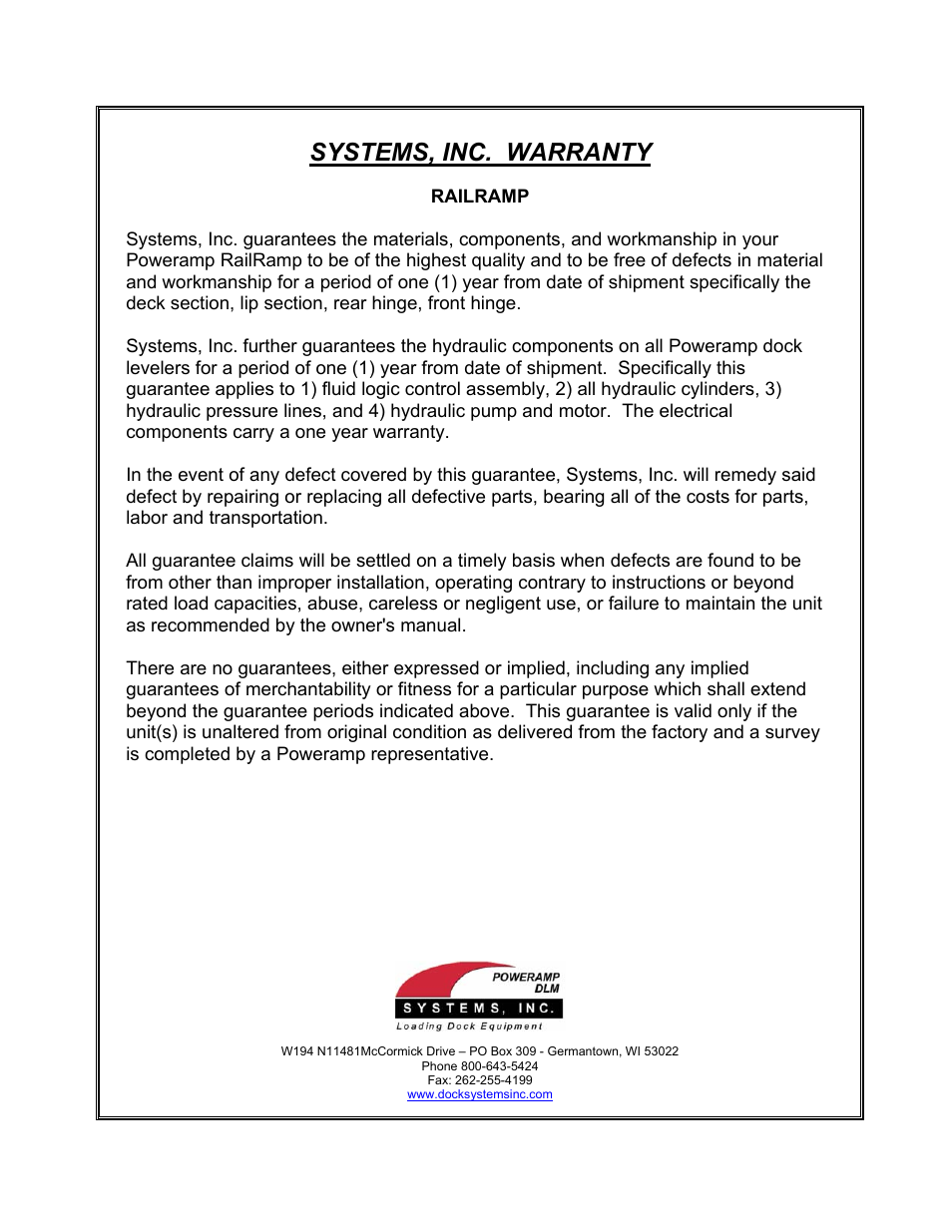 Systems, inc. warranty | Poweramp RAIL RAMP SPECIALTY 1.1995 User Manual | Page 27 / 27