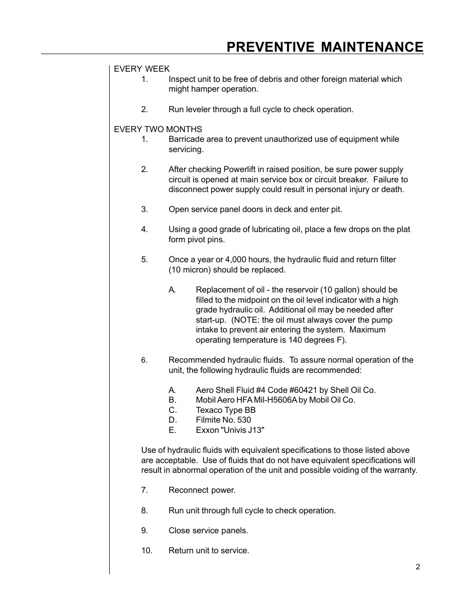Preventive maintenance | Poweramp PIT MOUNTED TRUCK SPECIALTY User Manual | Page 5 / 8