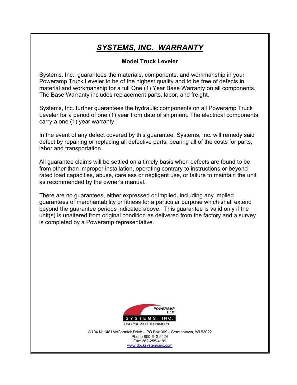 Systems, inc. warranty | Poweramp PIT MOUNTED TRUCK SPECIALTY User Manual | Page 8 / 8
