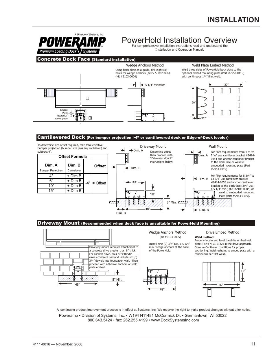 Powerhold installation overview, Installation, Concrete dock face | Driveway mount, Cantilevered dock | Poweramp POWERHOLD 4.2009 User Manual | Page 13 / 56