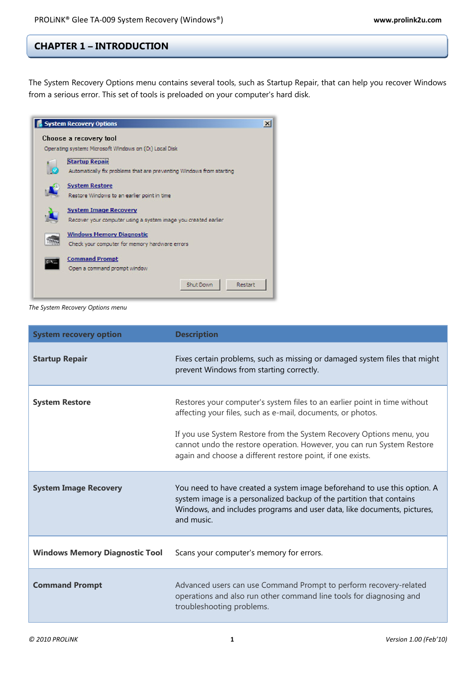Chapter 1 – introduction | PROLiNK Glee TA-009 System Recovery User Manual | Page 3 / 16