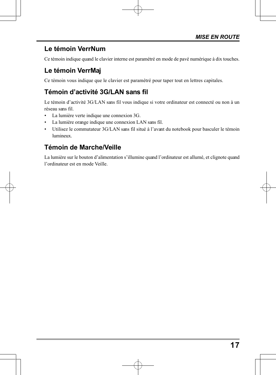 Le témoin verrnum, Le témoin verrmaj, Témoin d’activité 3g/lan sans fil | Témoin de marche/veille | PROLiNK Glee TA-009 User Manual User Manual | Page 61 / 198