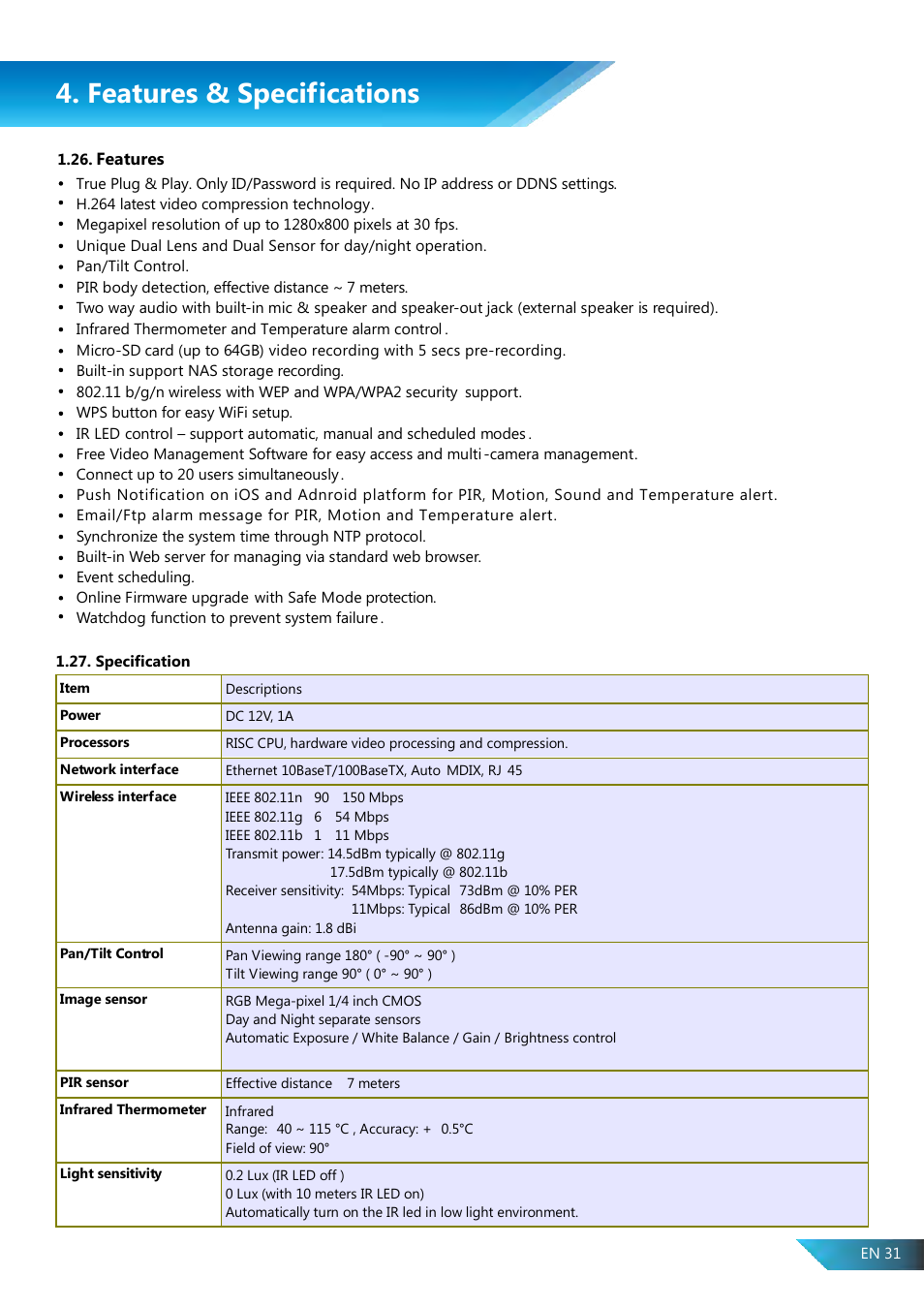 Features & specifications, Features, Specification | PROLiNK PIC1007WP User Manual User Manual | Page 31 / 43