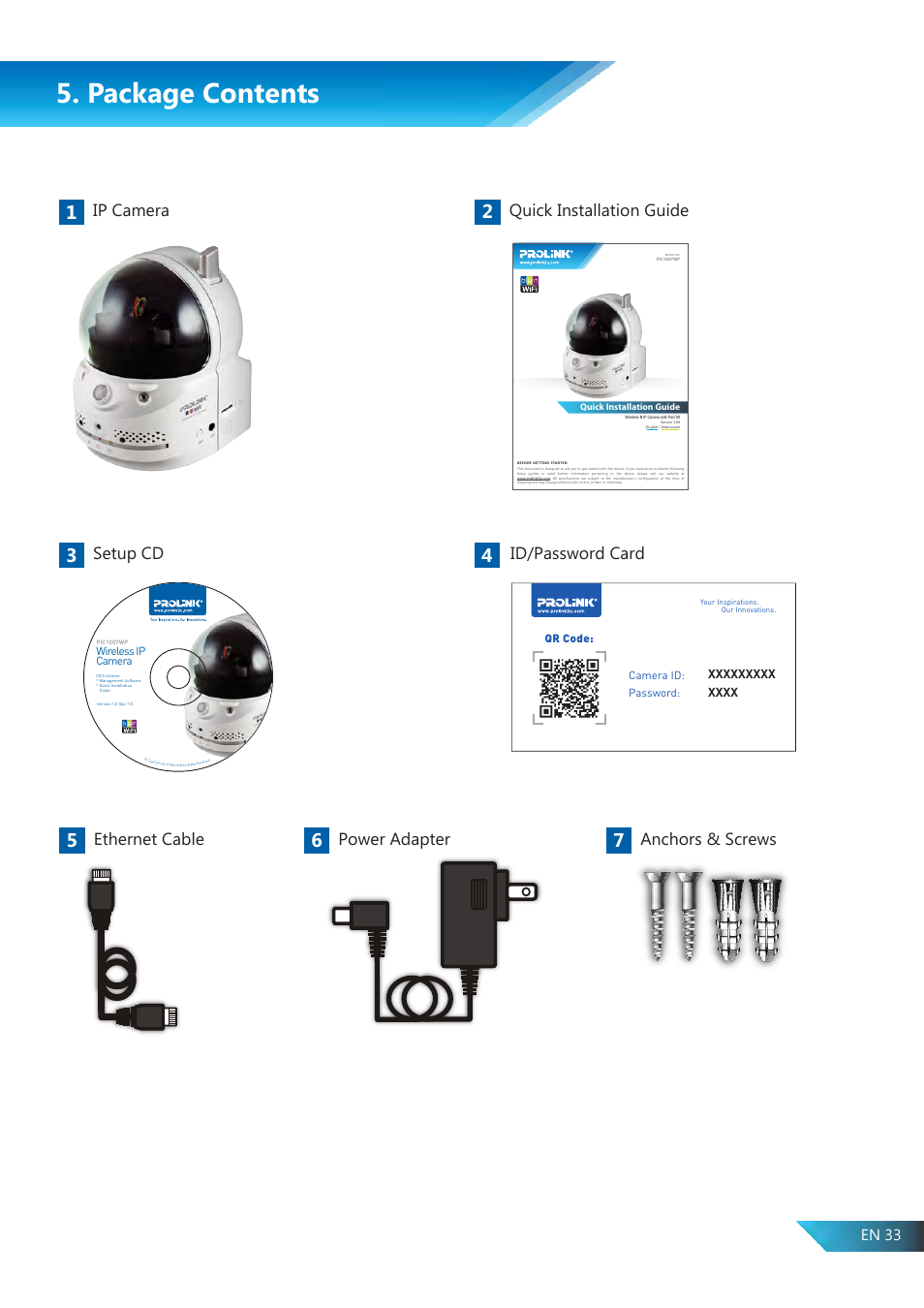 Package contents, Id/password card, En 33 | PROLiNK PIC1007WP User Manual User Manual | Page 33 / 43