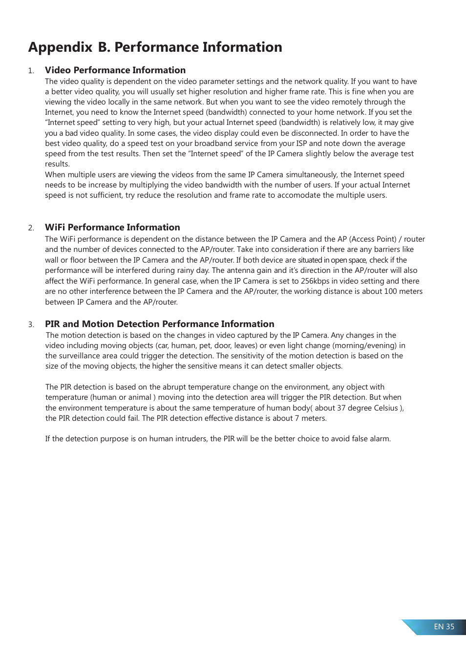 Appendix c. troubleshooting, Appendix b. performance information | PROLiNK PIC1007WP User Manual User Manual | Page 35 / 43
