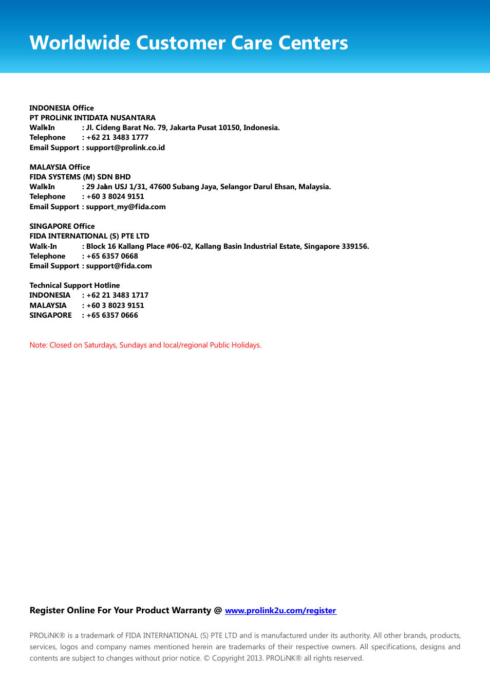 Worldwide customer care centers | PROLiNK PIC1007WP User Manual User Manual | Page 43 / 43