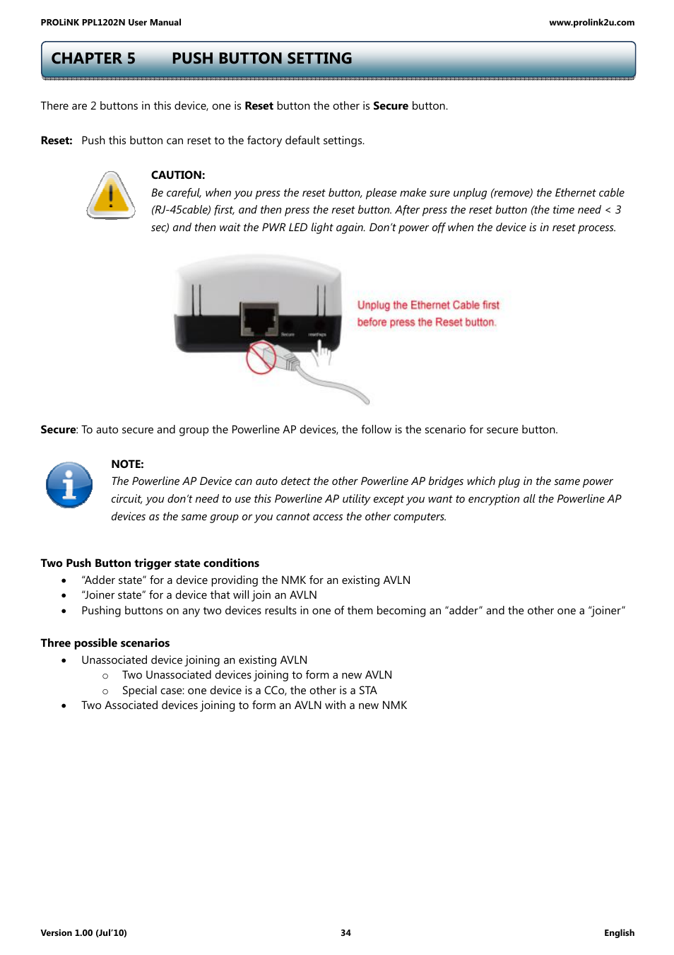 Chapter 5 push button setting | PROLiNK PPL1202N Quick Installation Guide User Manual | Page 34 / 99