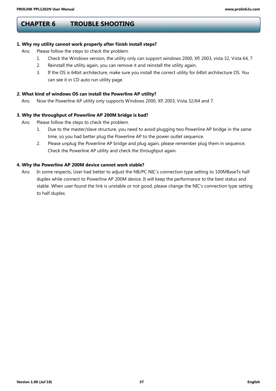 Chapter 6 trouble shooting | PROLiNK PPL1202N Quick Installation Guide User Manual | Page 37 / 99