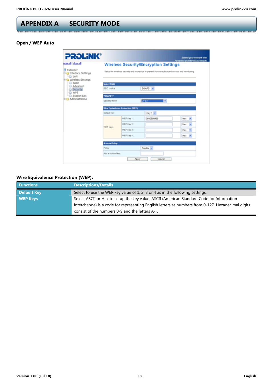 Appendix a security mode | PROLiNK PPL1202N Quick Installation Guide User Manual | Page 38 / 99