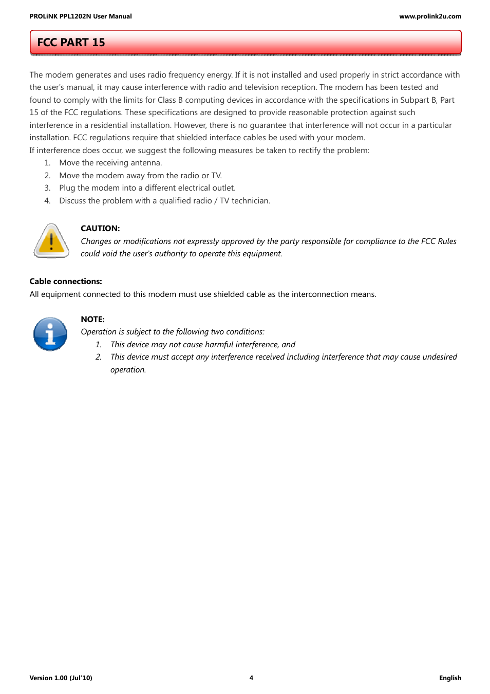 Fcc part 15 | PROLiNK PPL1202N Quick Installation Guide User Manual | Page 4 / 99