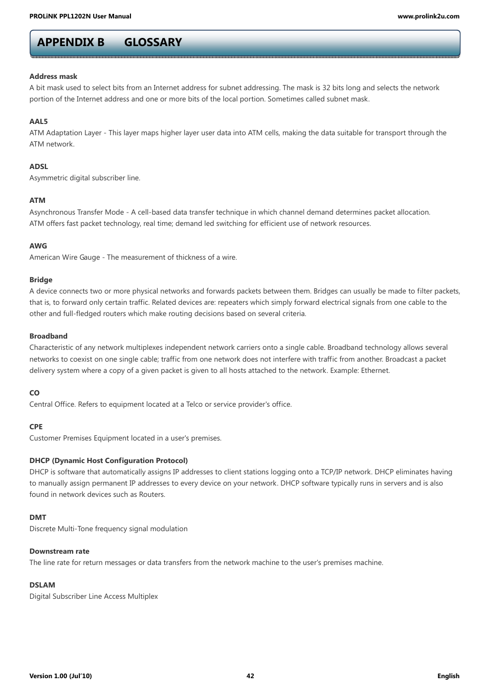 Appendix b glossary | PROLiNK PPL1202N Quick Installation Guide User Manual | Page 42 / 99