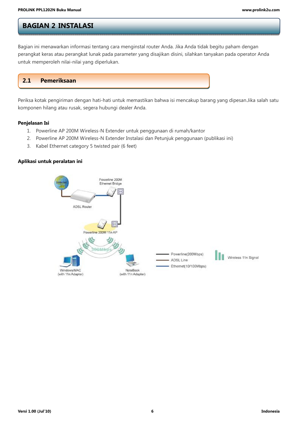 Bagian 2 instalasi, 1 pemeriksaan | PROLiNK PPL1202N Quick Installation Guide User Manual | Page 56 / 99