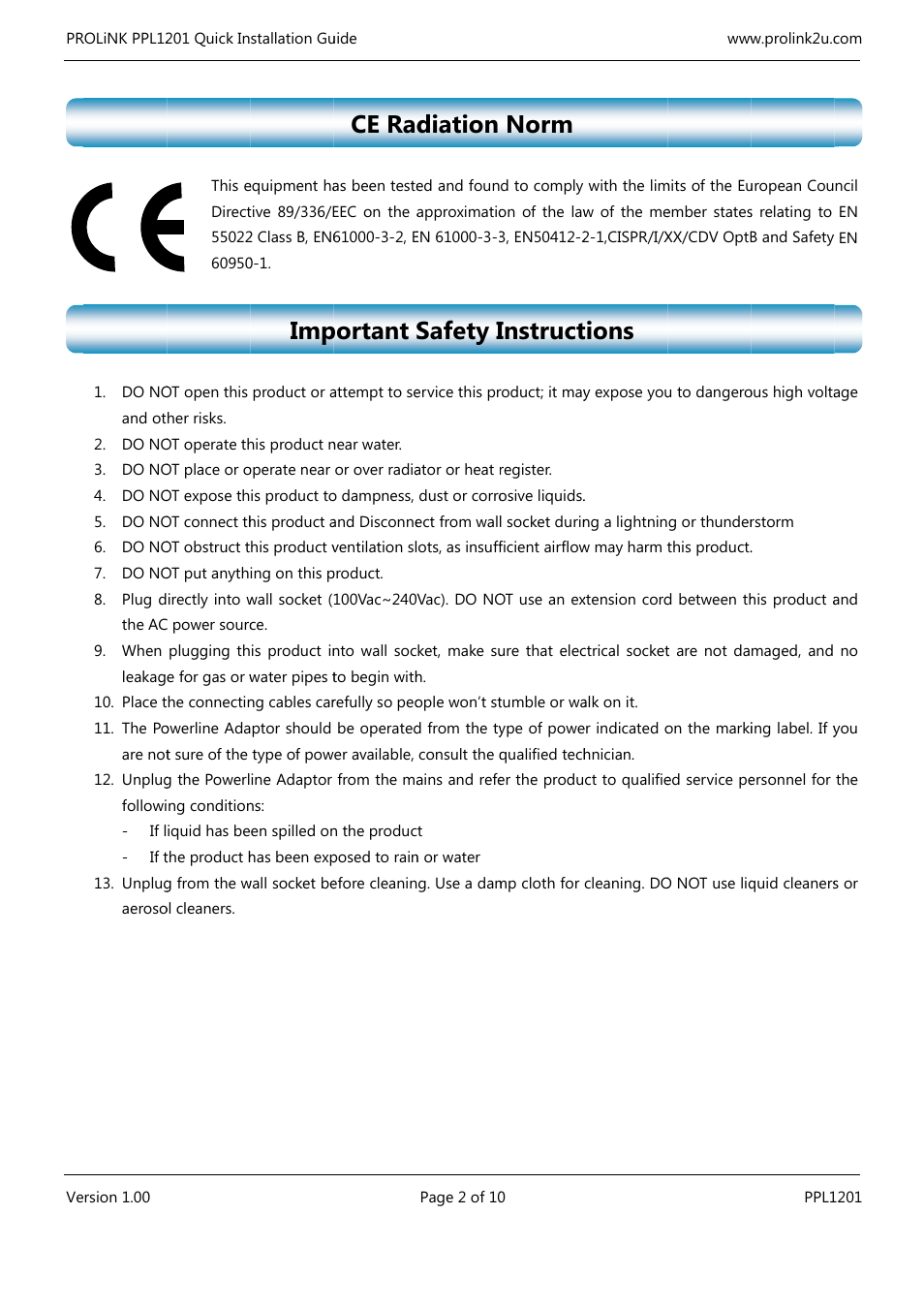 Ce rad, Portant s, Diation | Safety i, Norm, Instruct, Tions | PROLiNK PPL1201 Quick Installation Guide User Manual | Page 2 / 20
