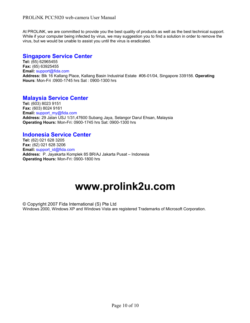 PROLiNK PCC5020 IzyCam User Manual | Page 10 / 10