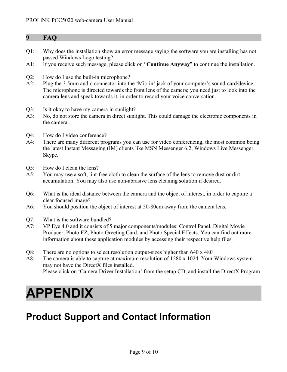 Appendix, Product support and contact information | PROLiNK PCC5020 IzyCam User Manual | Page 9 / 10
