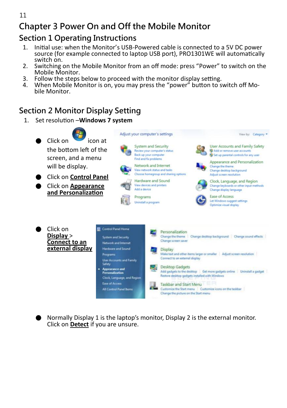 Chapter 3 power on and off the mobile monitor | PROLiNK PRO1301WE User Manual User Manual | Page 13 / 24