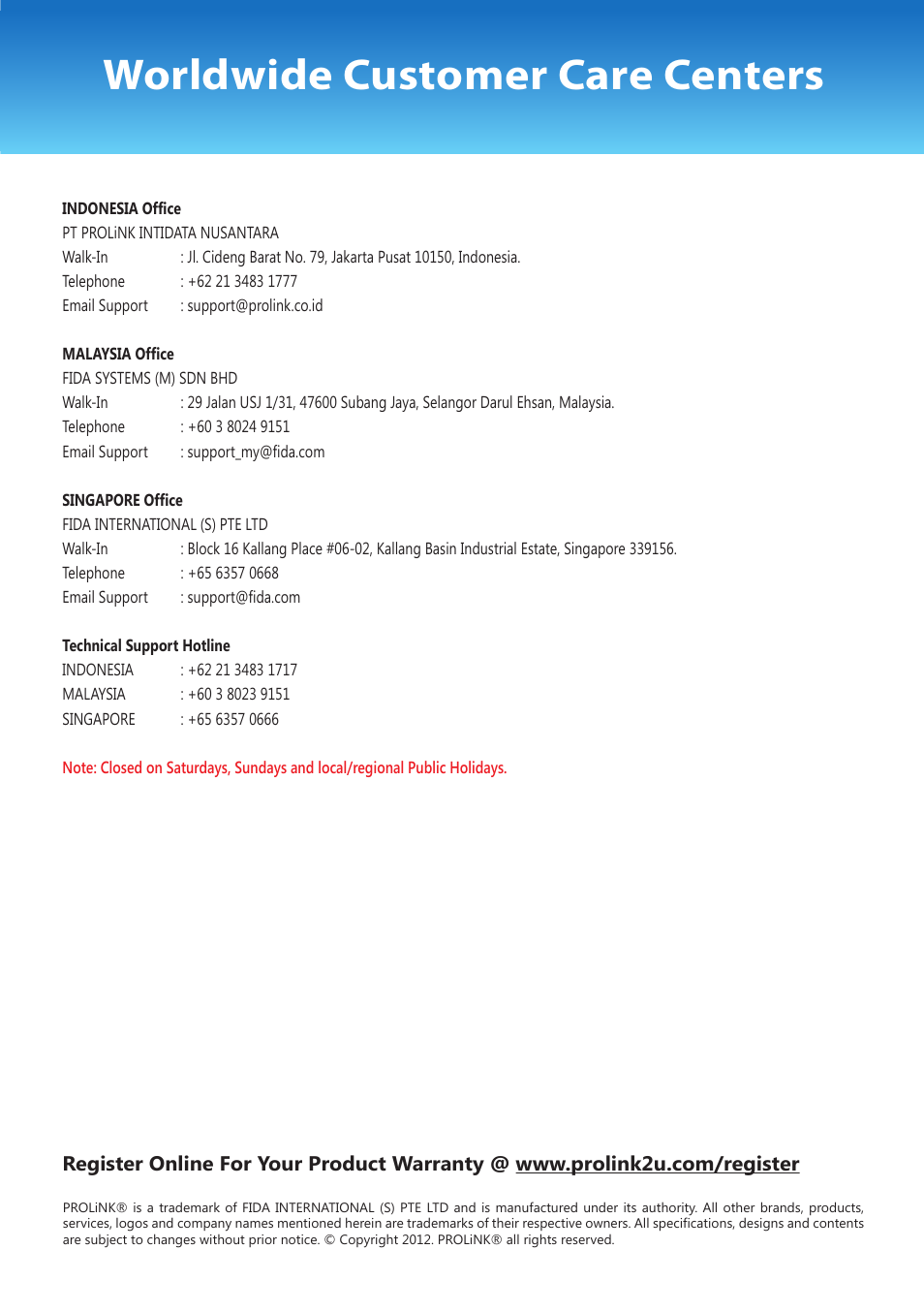Worldwide customer care centers, Rear cover page design | PROLiNK PRO1301WE User Manual User Manual | Page 24 / 24